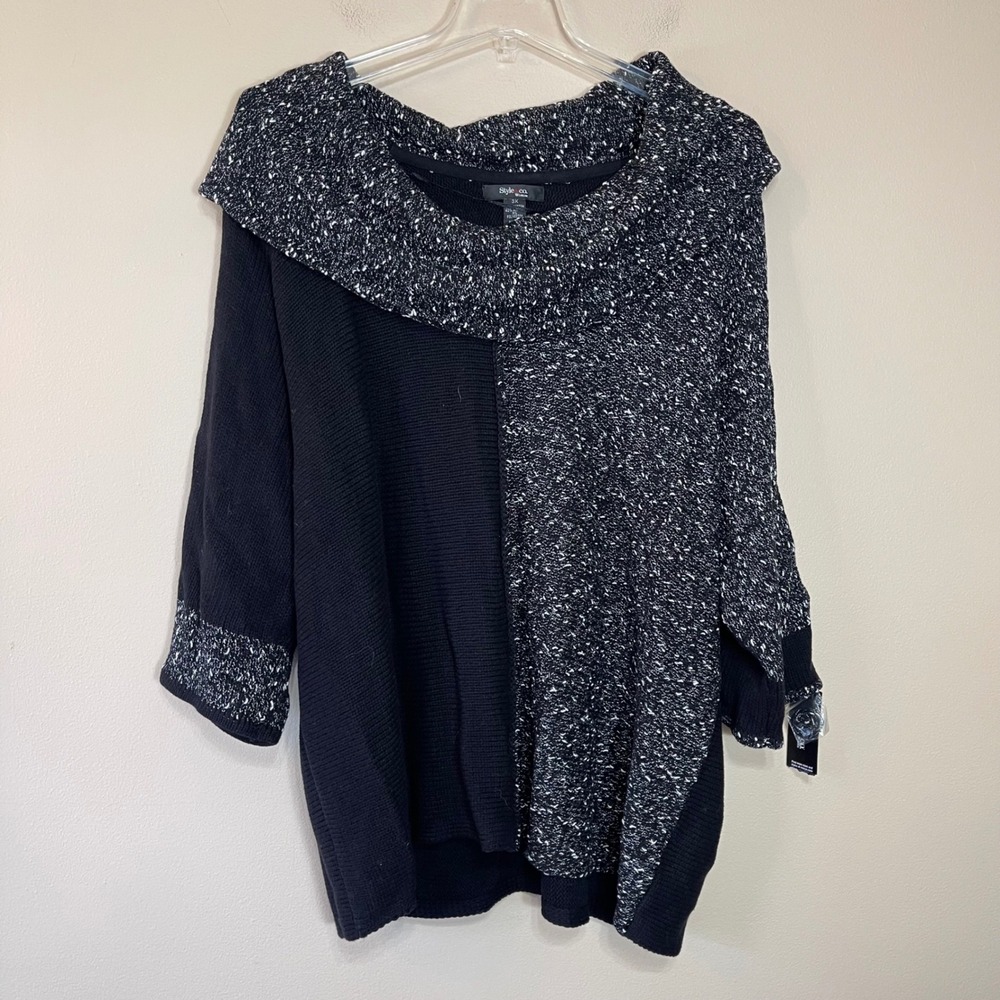NEW Style & Co Woman 3X Black White Colorblock Cowl Neck Asymmetrical Sweater